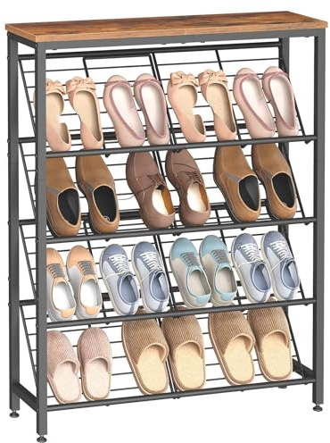 HOOBRO 5-Tier Shoe Rack, Narrow Shoe Rack Holds 12-16 Pairs, Industrial Shoe Organizer with Adjustable Feet & Anti-Tip Kit for Hallway, Bedroom, Entryway, Rustic Brown and Black EBF20XJ01