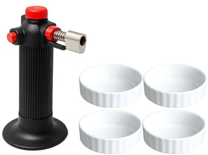 Cookinglife Set per crème brûlée, piatti per crème brûlée, ø 12 cm, 4 pezzi + torcia per crème brûlée