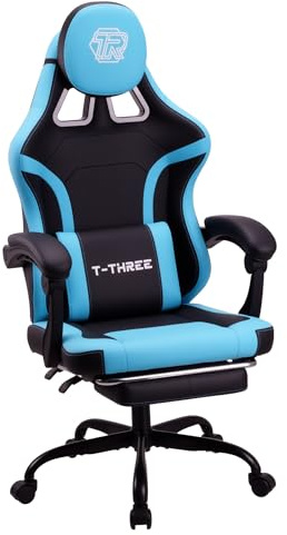 T-THREE.Ergonomic high-back gaming, computer, office, study, swivel, and racing-style chair with adjustable lumbar and headrest support, 150kg weight capacity, ideal for home office(Blue)