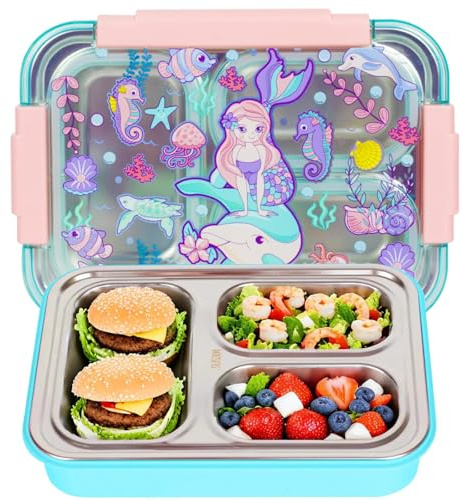 PinkSheep rostfritt stål Bento lunchlåda för barn, 710 ml BPA-fria läckagesäkra barnmatbehållare med 3 fack, skolstart studenter daghem lunchlådor mellanmål behållare (sjöjungfrur)