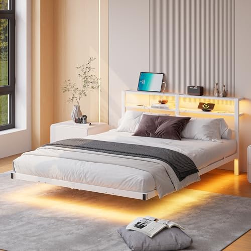 HAHRIR Cama flotante de metal, 140 x 200 cm, con luces LED, estación de carga USB y cabecera de cama doble estante, marco de acero resistente, silencioso, blanco