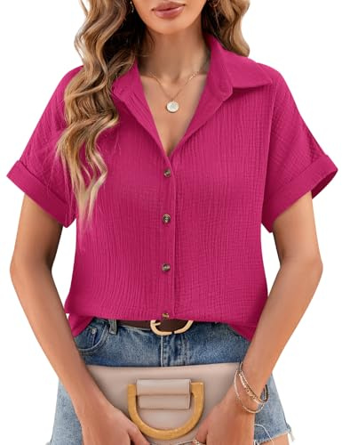 Lonya Camicia Donna Estiva Manica Corta Camicetta Donna Cotone Blusa Maglietta Elegante Scollo a V Top Casual con Bottoni Moda T Shirt Tinta Unita Estive Shirt Classico Maglia Tees, Rosso Rosa, M