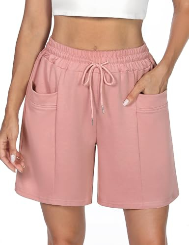 Demegimi Women's Sports Shorts with Deep Pockets High Waisted Summer Sweat Shorts for Gym Soft Breathable Running Shorts Ladies Casual Lounge Bottoms Pink