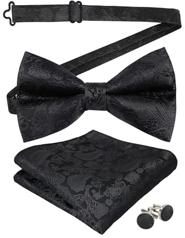 Men's Paisley Bow Tie, Hanky and Cufflinks Set (Black)(Size: One Size)