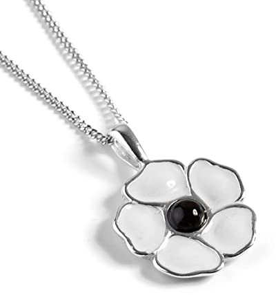 HENRYKA 925 Sterling Silver White Poppy Necklace, Hand Painted Flower Jewellery, Veterans Remembrance Gift