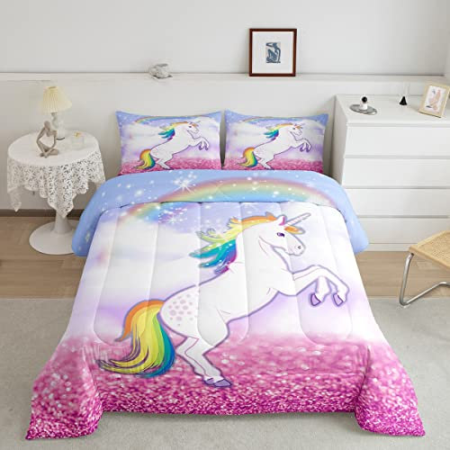 Loussiesd Dreamy Einhorn-Tagesdecke, Einzelgröße, für Kinder, Mädchen, gesteppt, für Damen, Farbe: Regenbogenpferd, mit 1 Kissenbezug, weiche Mikrofaser, Winter, Sommer, Daunenbetteinlage