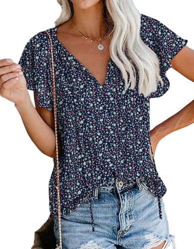 Floral Blouses for Women Boho Vacation Ruffle Tied V Neck Casual Summer Tops (Navy Blue,L)