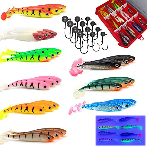 Njord Kalastus Gummifische mit Jigkopf Set 27 Gummifische 7cm + 12 Jigköpfe (3g 4g 6g) + Box | Gummifische Angeln Köder in 9 Dekoren (Uv-Aktiv) | Gummifisch Kunstköder Angelzubehör Set Raubfisch Köder