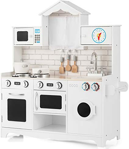 COSTWAY Juguete de Cocina Infantil de Madera con Lavadora, Horno, Microondas, Fregadero Desmontable, Estufas con Perillas, Cocina Juguete Madera, Juego de Cocina para niños con Accesorios