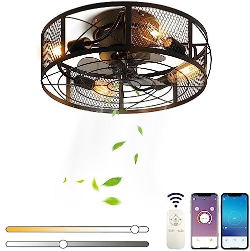 Leise Deckenventilator Mit Beleuchtung und Fernbedienung, E26 Dimmbar Deckenleuchte mit Ventilator und APP, Vintage Industrie Dekorativ Deckenventilator mit Lampe Für Schlafzimmer Esszimmer, 50CM