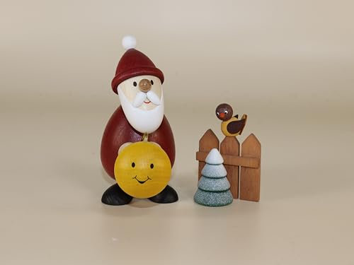 Kunsthandwerk Ullrich Weihnachtsfigur Weihnachtsmann mit Lampion und Zaun mit Vogel BxH 5x9,5cm NEU Holzfigur Knecht Rubrecht Santa Claus Nikolaus