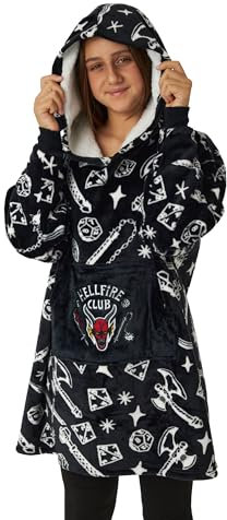 Stranger Things Kids Wearable Blanket Hoodie | Boys & Girls Oversized Black Hooded Fleece Loungewear | Hellfire Club D&D All Over Print | Sleepwear Costume Netflix Series Merchandise Gift for Children