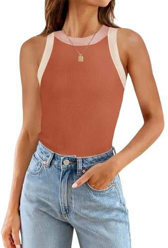 ZESICA Womens Summer Sleeveless Tank Tops Ribbed High Neck Racerback Slim Fitted Color Block Casual Shirts,Coral,Small