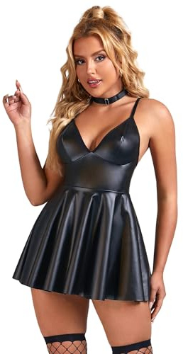 ohmydear Women's Pu Leather Lingerie Sets Sexy Plus Size Babydoll Nightwear Shiny Rave Outfits Criss Cross Backless Party Mini Dress with Choker Black basque dresses UK 16