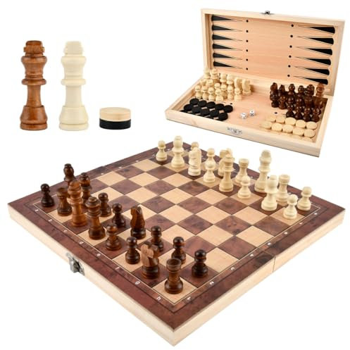 YOPEUC 3 in 1 Schachspiel Holz, 29x29 cm Chess Board Klappbar Schach Tragbar Schach Reisespiel, Schachbrett Holz Hochwertig für Party Familie Aktivitäten, Schachspiel Kinder, Reiseschach