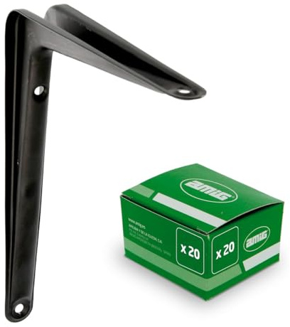 Amig - Pack Soportes para Estantería de Pared - 20 piezas - Escuadras en Acero - 150X125 mm - Color Negro - Ángulo para Estantes - Soporte para Baldas - Fácil instalación