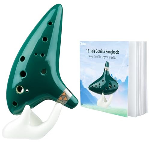 Ohuhu Zelda Ocarina, 12-Loch-Okarina von the Legend of Zelda, Zelda Alto C Triforce Link-Cosplay Geschenk für Zelda-Fans mit Ausstellungsstand Schutztasche Notenschrift, Ceramic Replica, Grün