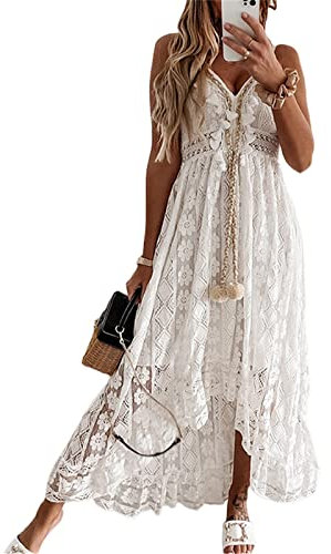 Felcia Langes Damenkleid mit Spitze, Vintage, tiefer V-Ausschnitt, rückenfrei, Strandkleid, lässig, unregelmäßiger Saum, fließendes Boho-Urlaubskleid, A-weiß, X-Large