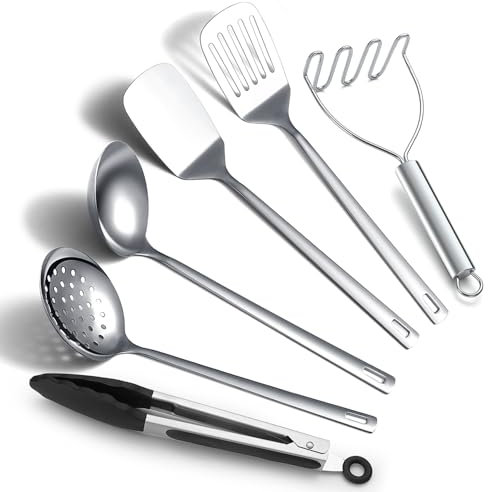 Kyraton Utensili da Cucina in Acciaio Inox Set 6 Pezzi, Set Utensili da Cucina Include Set di Spatole in Metallo, Skimmer, Mestolo, Pinze, Schiacciapatate, utensili da cucina