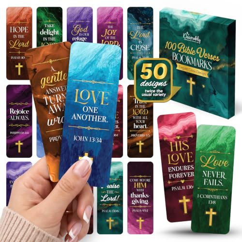 Decorably 100 Pack 6x2in Christian Bookmarks Bulk, 50 Bible Verse Designs