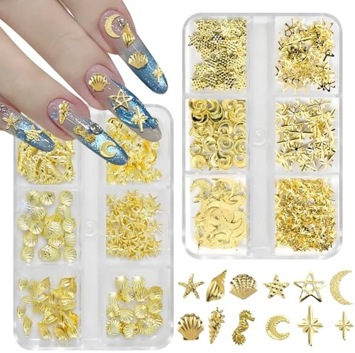 2 scatole di ciondoli per unghie dorati a forma di stella, oceano, metallo, piccola stella, luna, conchiglia, stella marina, ciondoli estivi 3D, gioielli, decorazioni per manicure per nail art