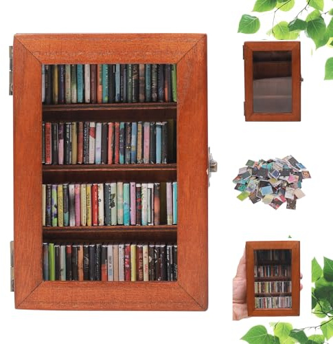 CLVTREBETO Anxiety Bookshelf With 100pcs Miniature Books | Shake Away Your Anxiety Mini Wood Rustic Book Library | Decorative Gift for Book Lovers (Brown)