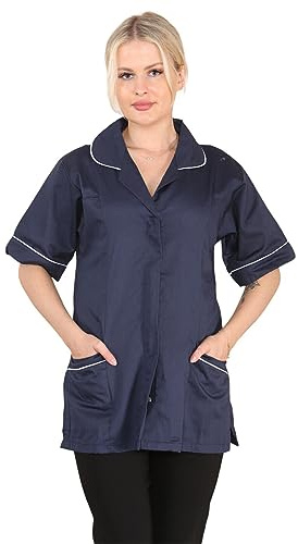 Womens Tunic Shirt Ladies Healthcare Doctor Nurse Nursing NHS Uniform Beauty Salon Vet Workwear Medical Tunic Top Short Sleeve Zip Front Blouse Carer Clinic Hospital Revere Collar Twill