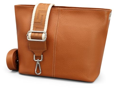 Brise Art Umhängetasche Damen Echtes Leder BENI Handgemachte Crossbody Bag mit Ledergurt + Optionalen Breiten Gemusterten Riemen 4 Fächer Wasserdichte Schultertasche Made in Italy (Cognacbraun 3)