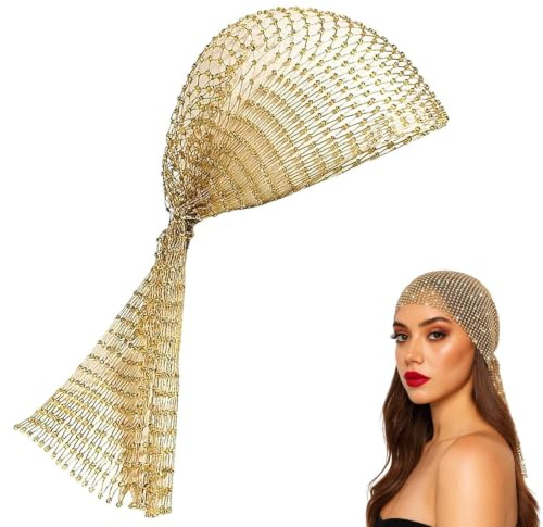 Gold Chainmail Headband, Pure Metal Design Gold Headpiece, 90cm Rhinestone Mesh Hair Accessory, Elastic Fishnet Headpiece, Women Hair Accessories for Party, Disco and Daily Wear