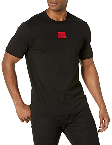 Hugo T-Shirt côtelé à col Rond pour Homme avec Logo Central, Raven Black, M