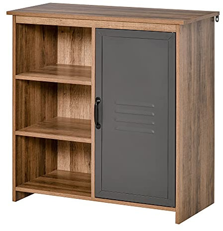 HOMCOM Aparador con Puerta de Metal Mueble Auxiliar con 3 Estantes Abiertos y Armario con Puerta y Balda Ajustable para Salón Cocina 80x35x82 cm Madera Natural
