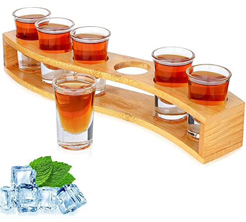 SuproBarware Shot Glasses Set of 6 Bulk Fun 30ml/1oz Clear Crystal Cups with Tray Holder Serving Board Organizer for Liquor Shots Tequila Whisky Brandy Vodka Rum Cocktails Party