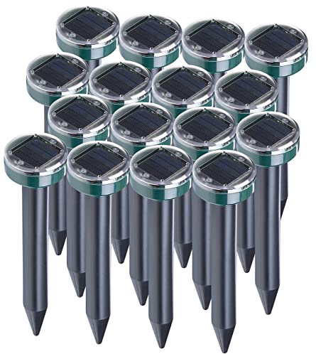 Royal Gardineer Maulwurf Schrecke: 16er-Set Solar-Maulwurffrei-Erdspieße, Akku, 400Hz, bis 11.200m², IP44 (Solar-Maulwurf-frei, Schrecke, Vibration)