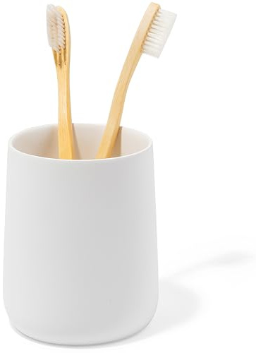 Yew Design portacepillos y portapasta de Dientes con Vaso, Blanco Mate, para baño y Lavabo – Organizador Redondo para cepillos eléctricos, Hilo Dental, maquinillas de Afeitar