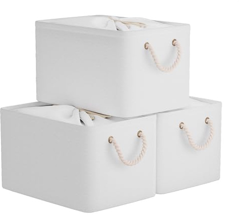 OUTBROS Juego de 3 Cesta de Almacenamiento plegable grande, 33 x 23 x 20cm Cajas Organizadoras de tela con asas de transporte y cubierta de cordón para toallas, ropa, Blanco