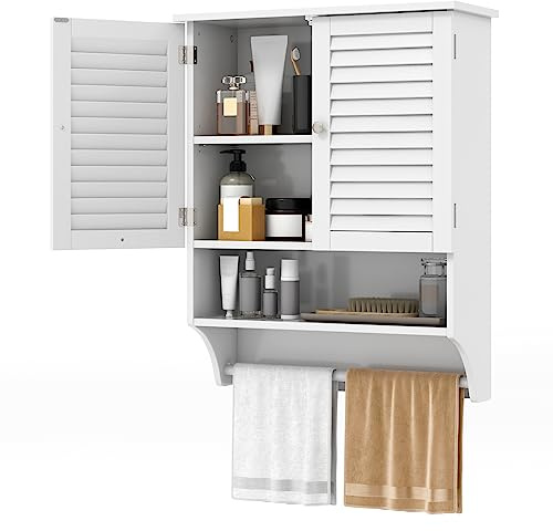 GIANTEX Armario de Pared para Baño, Armario Colgante de Madera con 2 Puertas Persianas, 3 Estantes y 1 Toallero, 60 x 22 x 75 cm, Mueble de Almacenamiento para Baño, Comedor, Entrada (Blanco)
