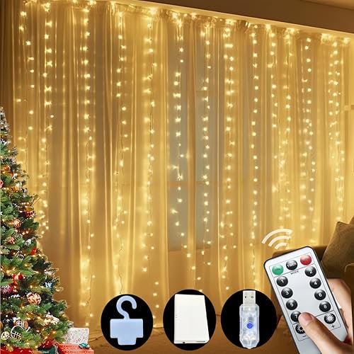 Amening 300 LED Ghirlanda luminosa tenda, 3 m x 3 m, tenda luminosa, 8 modalità di illuminazione USB/alimentata a batteria telecomando con timer per Natale, matrimonio, compleanno, casa
