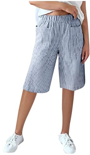 Knee Length Shorts for Women Casual Striped Summer Shorts with Pockets Ladies Comfy Loose Bermuda Lounge Shorts Womens Pull On Elastic Waisted Long Shorts