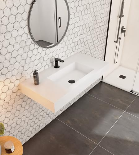 Lavabo sur plan de travail en résine blanc 80 x 46,5 x 12 cm - vasque à poser blanc – Meuble salle de bains avec vasque - Lavabo suspendu en résine