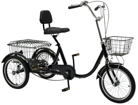 gegeweeret 16 Zoll Dreirad für Erwachsene, Dreirad für Ältere, 3-Rad-Fahrräder mit Körben für Senioren,EIN-Gang-Schaltung das Rad,für ältere Menschen (Schwarz)