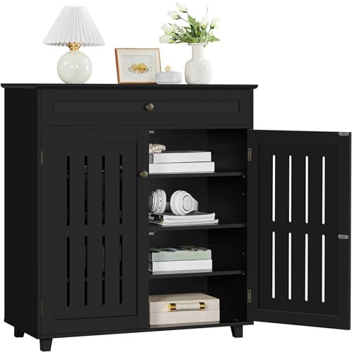Yaheetech Mueble Zapatero de 2 Puertas Armario de 4 Niveles para Zapatos Mueble Auxiliar con Cajón y Estantes Ajustables para Entrada de Salón 78 x 37 x 86 cm Negro