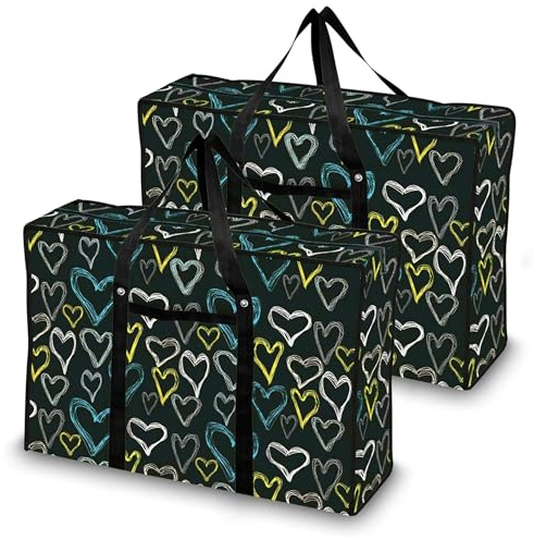 Grand Sac De Rangement Solide | Sac Cabas Réutilisable Avec Fermeture Éclair | Sac de Rangement Vêtements et Déménagement | Sac de Courses | Lot de 2 (Coeurs)
