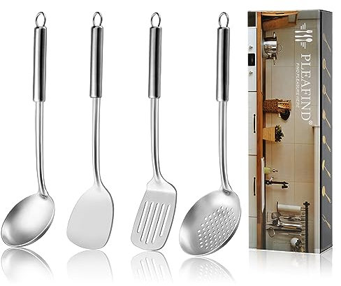 Pleafind 4-Pcs Kitchen Utensils Set, Stainless Steel Cooking Utensils Set, Utensils Set Include Wok Ladle, Slotted Spoon, Wok Spatula and Slotted Spatula, Dishwasher Safe
