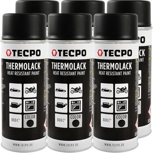 TECPO Thermolack Spray Dose 6X 400ml Auspufflack Autolack Ofenlack Bremssattellack hitzebeständig bis 800°C schnell trocknend Auto Lackspray Schwarz Matt schützt Motor und Auspuff vor Rost (6er-Pack)