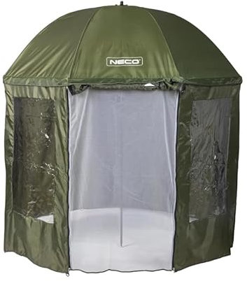 NECO Grüner Angelschirm mit Blende und Moskitonetz 250 cm - Wasserdicht, Ganzes abschließbares Regenschirmzelt, Großer Regenschirm zum Angeln mit Fenster, Karpfenzelt für Fische, Camping und Angler,