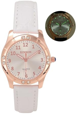 JSDDE Montre Analogique Quartz pour Femme 32mm Cadran Lumineux Rond Or Rose Brillant Pavé de Strass Chiffres Arabes Élégant Montre Bracelet en Cuir PU Ajustable Mouvement Quartz pour Fille (Blanc)