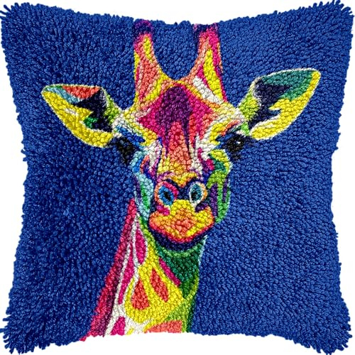 Giraffe DIY Latch Hook Kits Pillow with Printed Canvas Cushion Crochet Yarn Embroidery Hook and Latch Kit Pillowcase Christmas Decor 43x43cm(2)