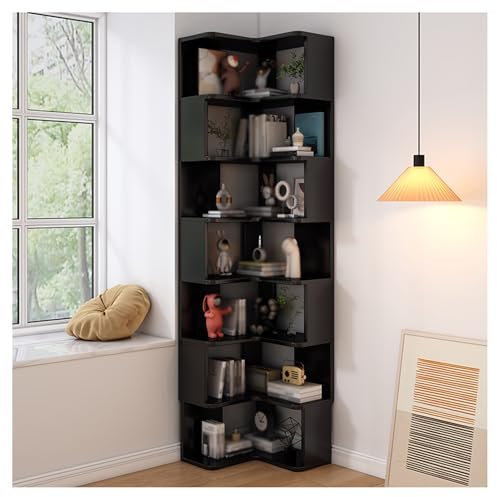 L Shaped 7 Tier Corner Bookshelf Wood Etagere Storage Rack with Baffles for Study Living Room & Office Stylish Black Bookcase for Space Saving nization