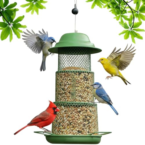 Yiomxhi Comedero para Pájaros Exterior Colgante, Comedero Metálico Dispensador Semilla Prueba de Ardillas para Aves Silvestres para Jardín Balcón, Verde