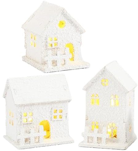 Maisons de Village de Noël 3 pièces/Ensemble avec lumière LED, Ensembles Village Noël en buis avec Interrupteur inférieur, décor Neige Blanche pour décoration Table